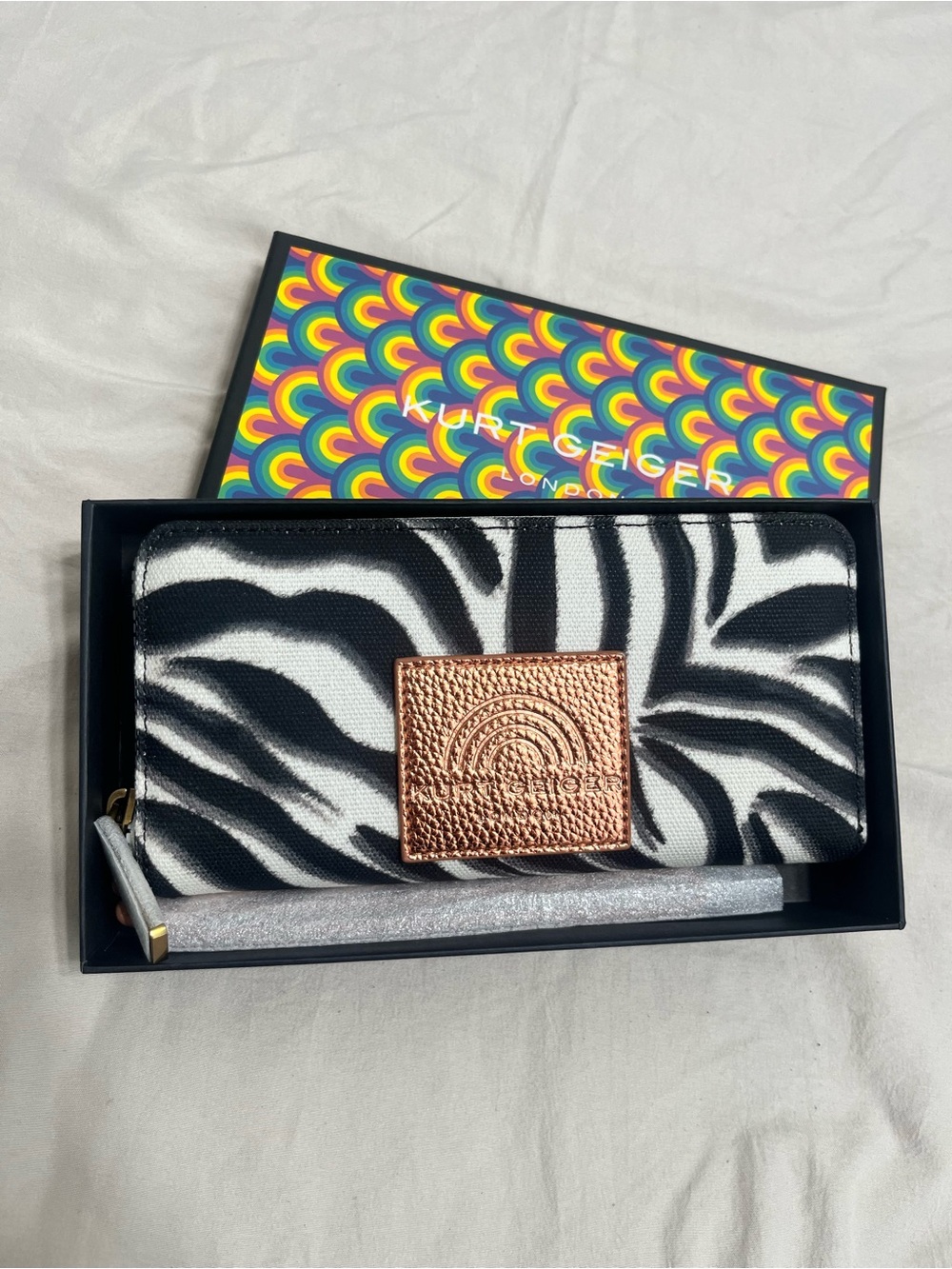 Kurt Geiger Black & White Zebra Wallet with Rose Gold Patch